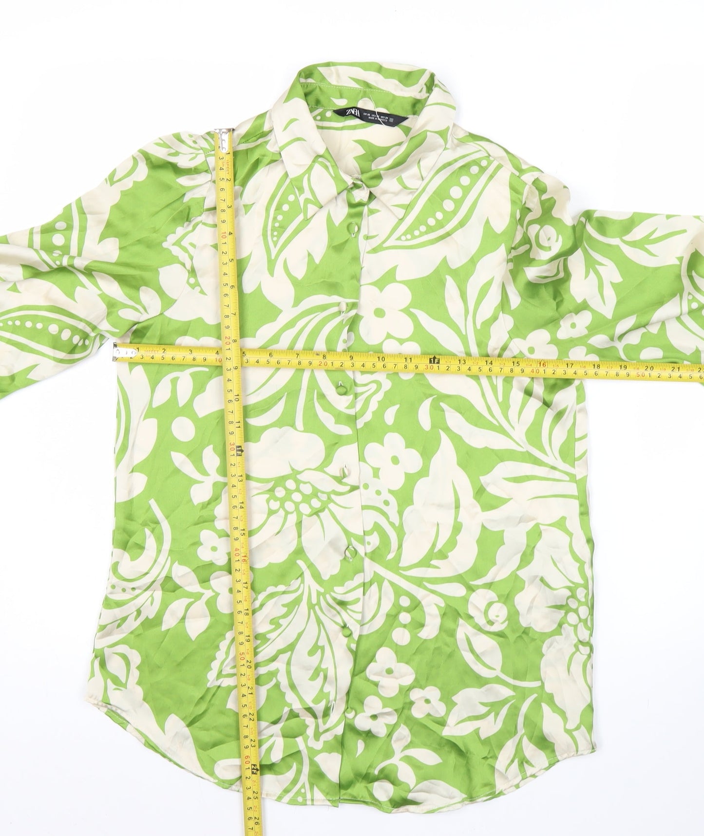 Zara Womens Green Floral Satin Button-Up Shirt XS Long Sleeve