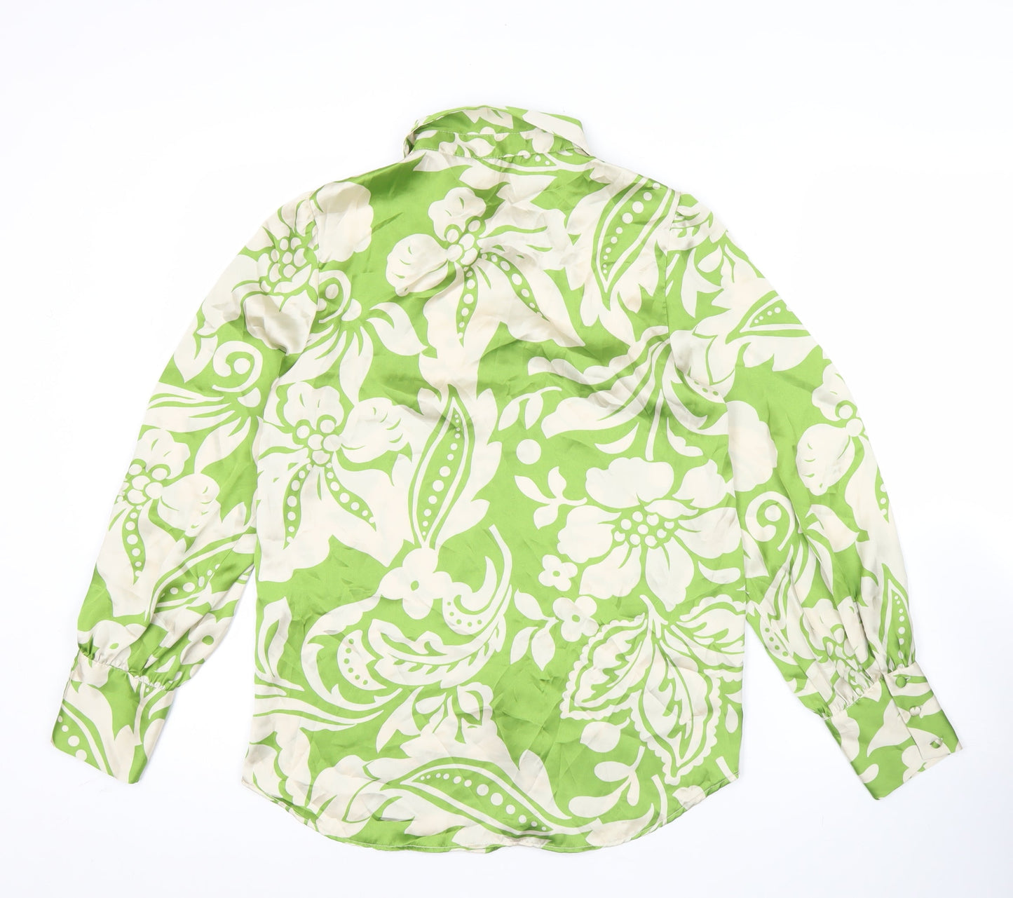 Zara Womens Green Floral Satin Button-Up Shirt XS Long Sleeve
