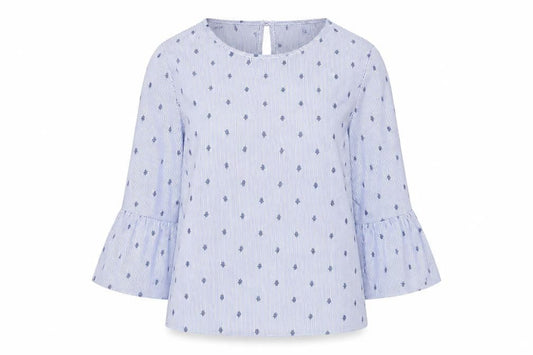 Front view of Red Herring Women’s Blue Striped Floral Bell Sleeve Blouse, size UK 10