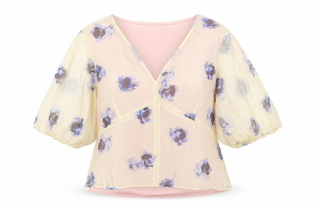 Marks & Spencer Women's Pink Floral Blouse Size 16 Puff Sleeve Chiffon