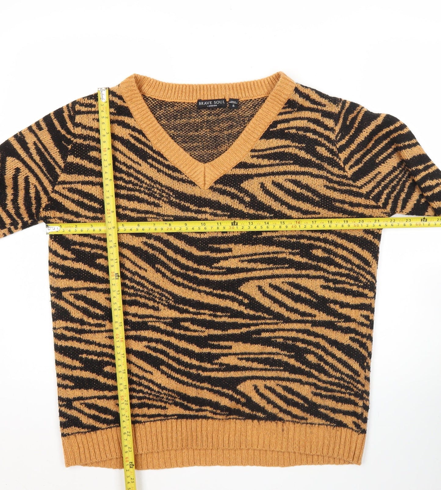 Brave Soul Womens Brown Zebra V-Neck Jumper Size S