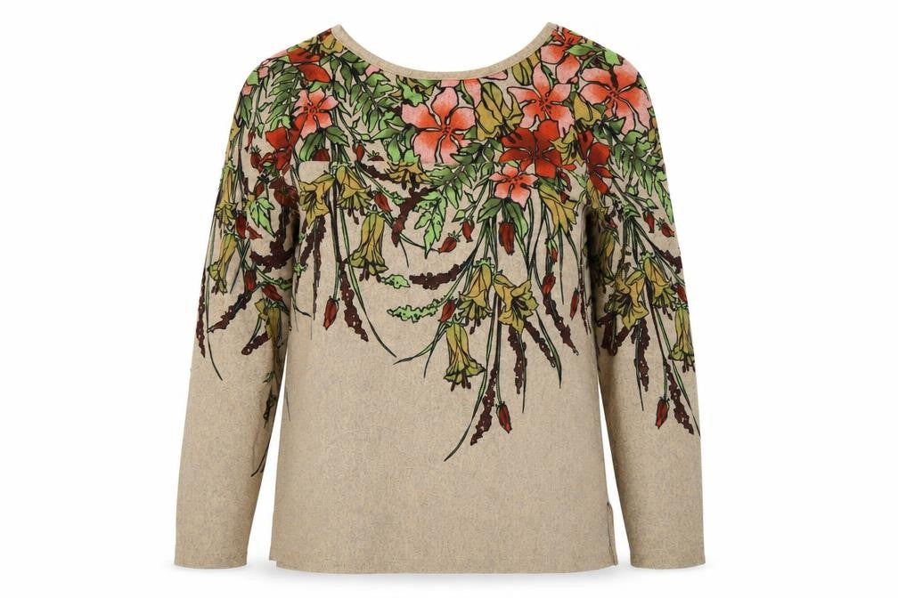 Simonton Says Womens Beige Floral Pullover Jumper M Scoop Neck Long Sleeve
