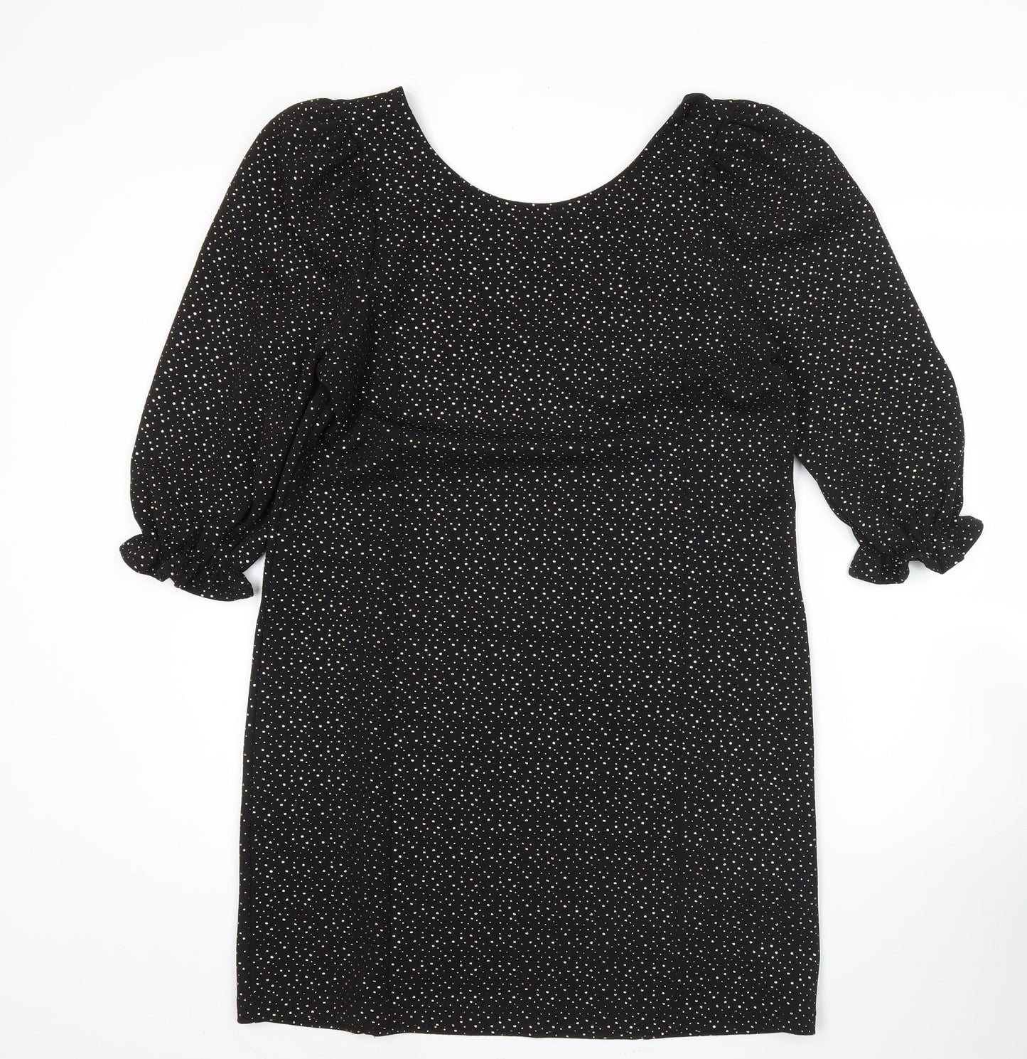 Monki Women Black Polka Dot Shift Dress Size 12 3/4 Sleeve Scoop Neck