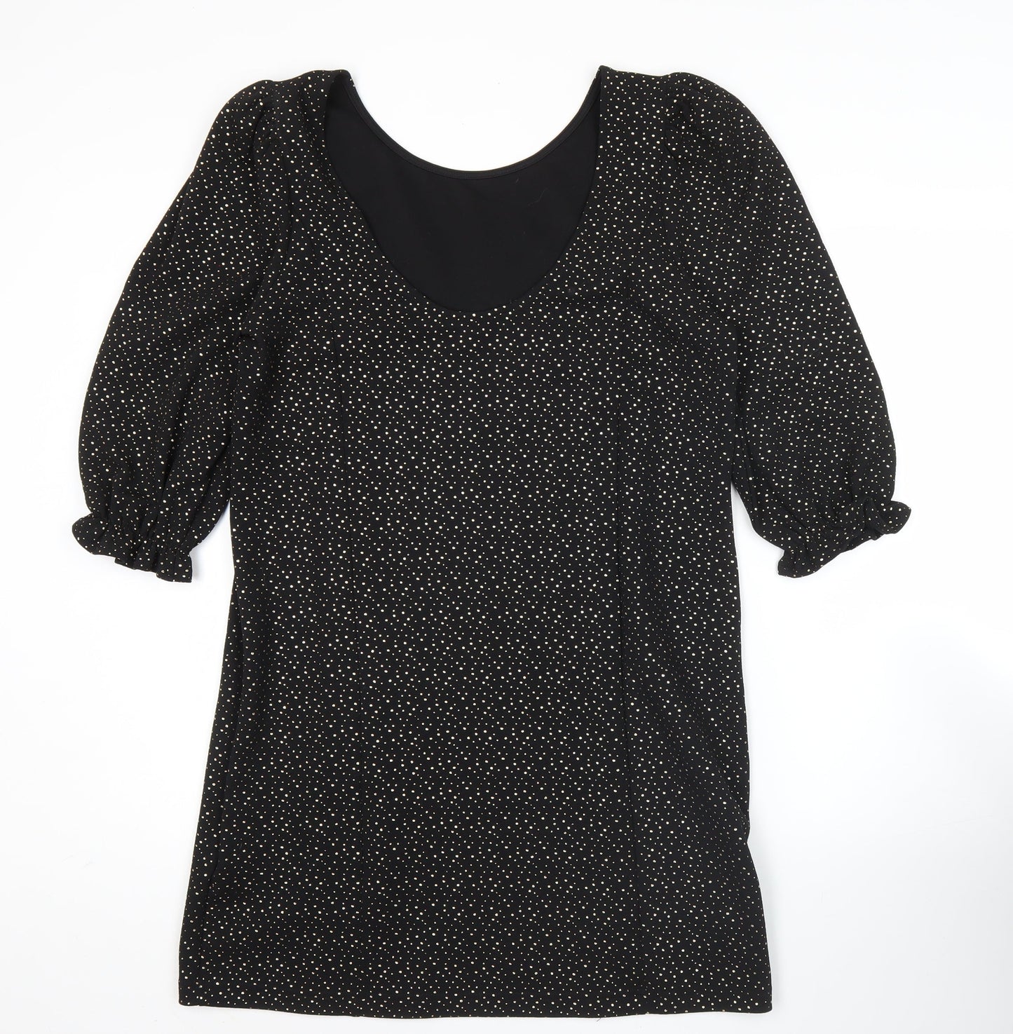 Monki Women Black Polka Dot Shift Dress Size 12 3/4 Sleeve Scoop Neck