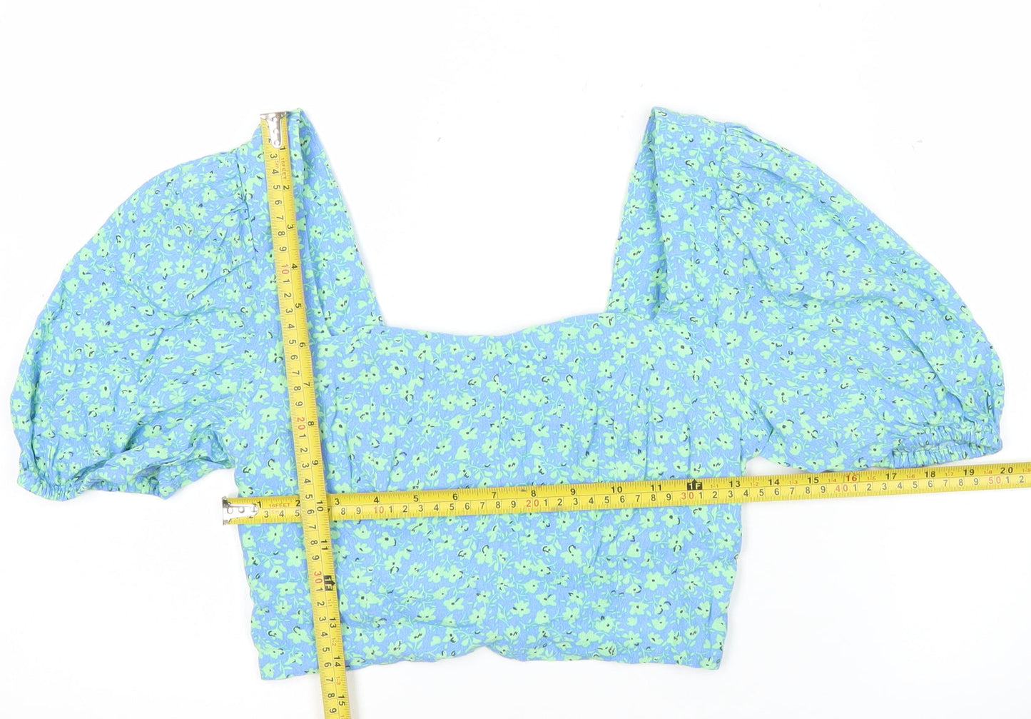 Mango Womens Blue Floral Cropped Puff Sleeve Blouse Size 8