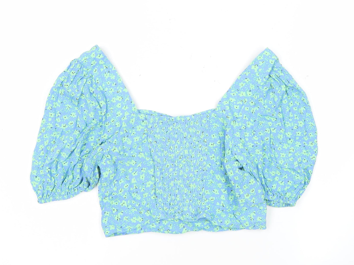 Mango Womens Blue Floral Cropped Puff Sleeve Blouse Size 8