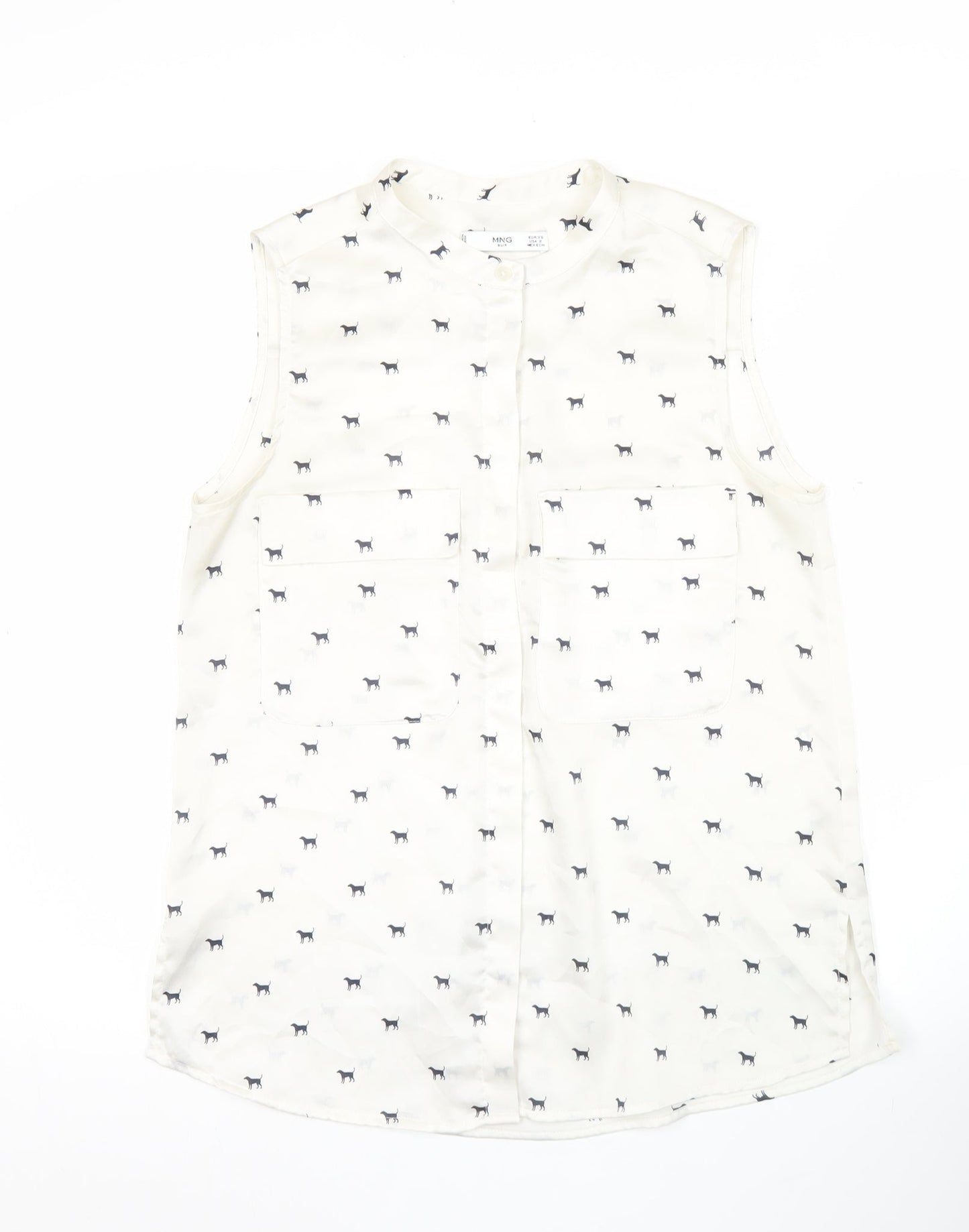 Mango Women’s White Sleeveless Animal Print Button Blouse XS