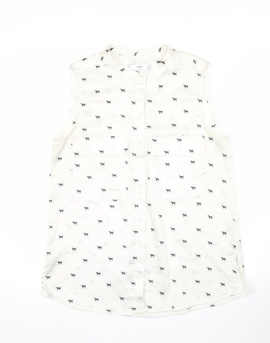 Mango Women’s White Sleeveless Animal Print Button Blouse XS