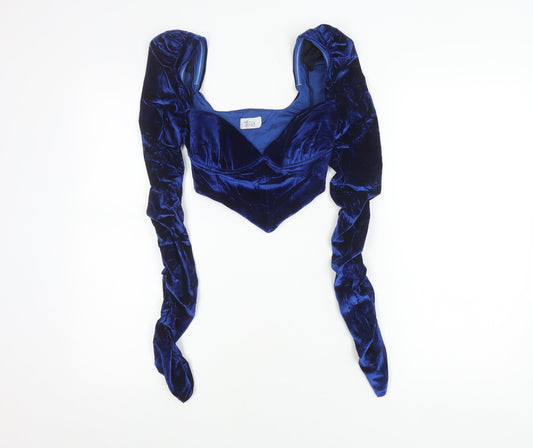 Oh Polly Women’s Blue Velvet Puff Sleeve Cropped Blouse UK 4