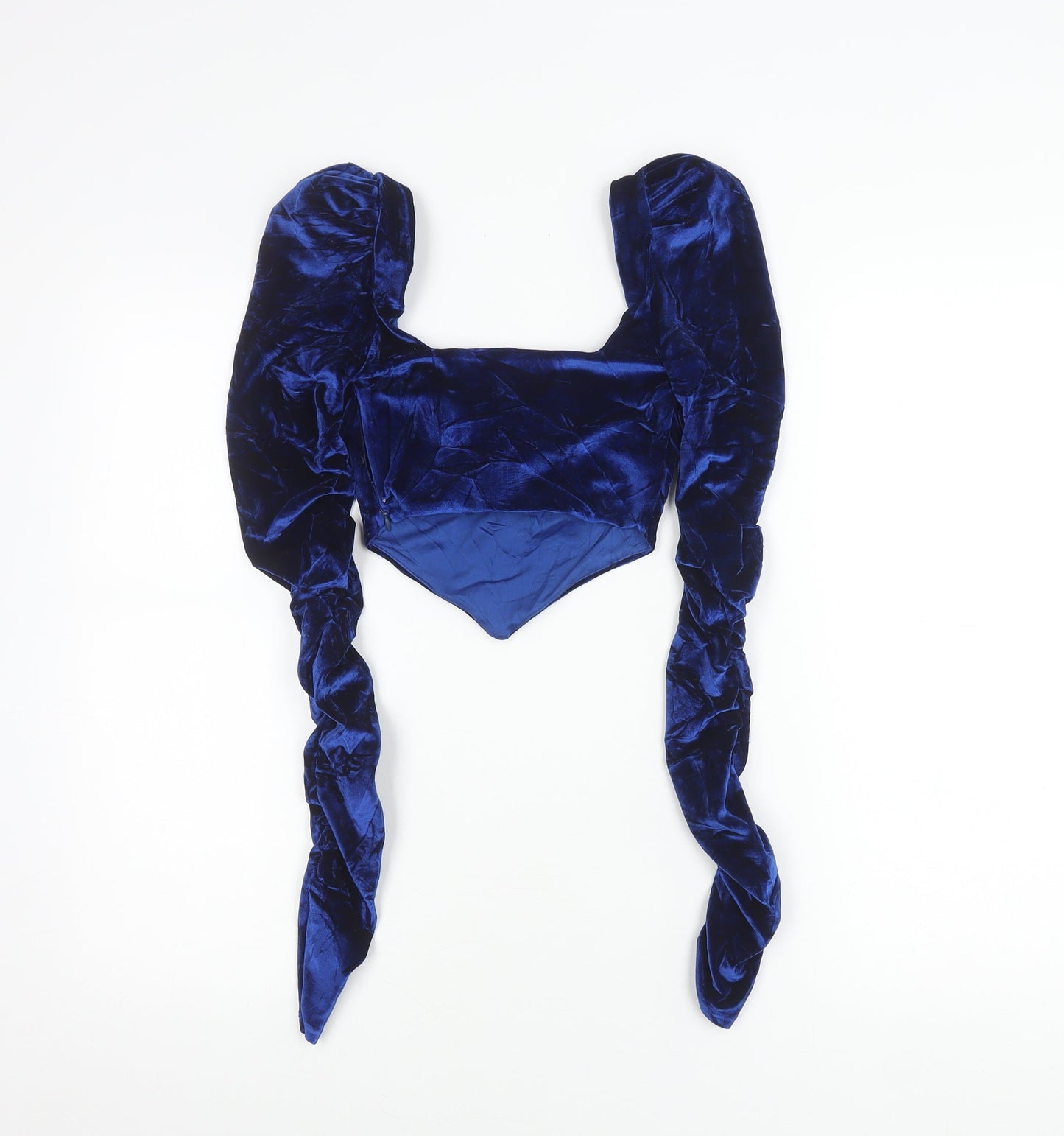 Oh Polly Women’s Blue Velvet Puff Sleeve Cropped Blouse UK 4