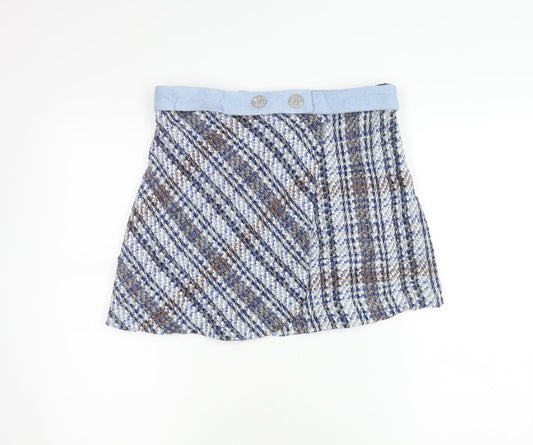 Zara Womens Blue Brown Tweed Check Short Skirt Lined Size L