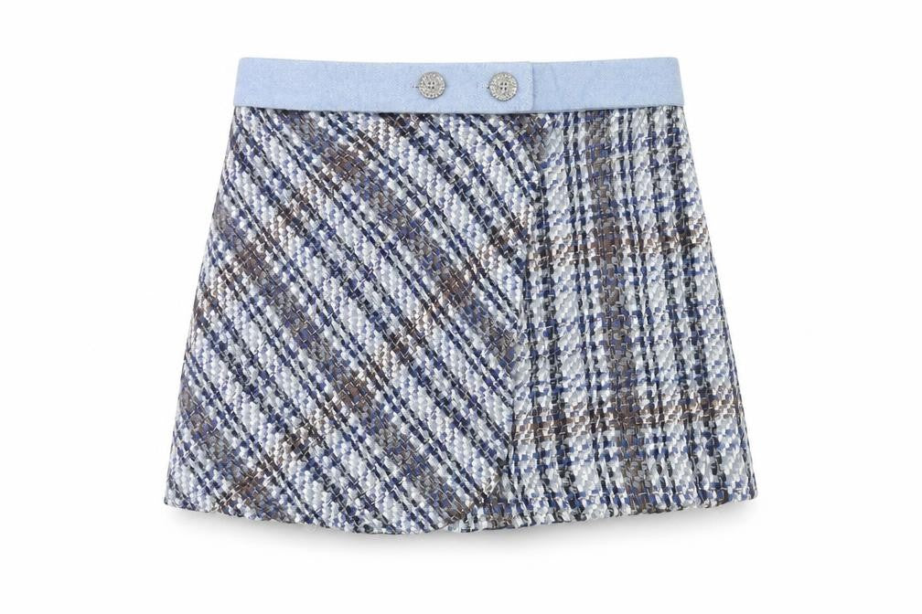 Zara Womens Blue Brown Tweed Check Short Skirt Lined Size L