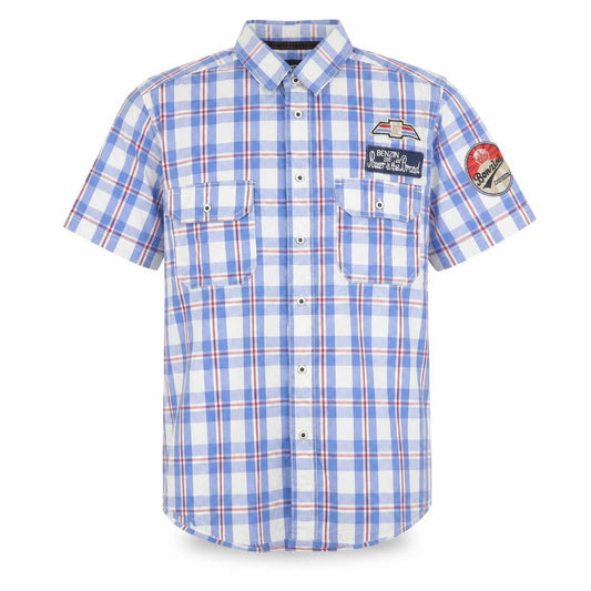 Benzini Mens Blue Check Short Sleeve Button-Up Shirt L Casual