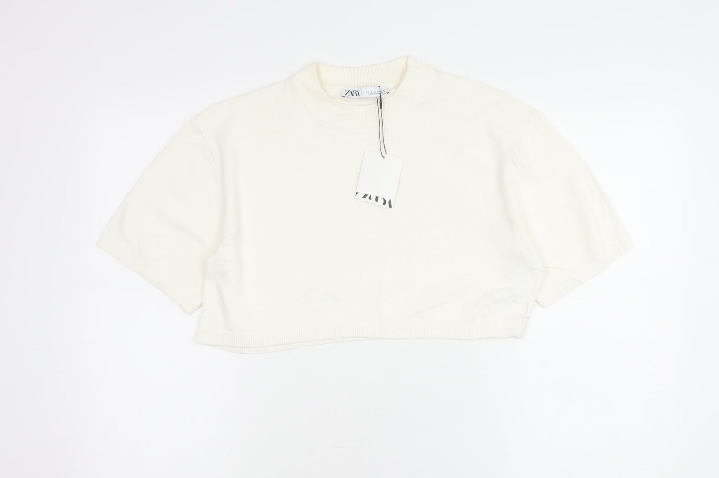Zara Women Ivory Cropped Cotton T-Shirt Size S Short Sleeve
