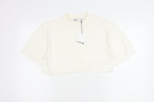 Zara Women Ivory Cropped Cotton T-Shirt Size S Short Sleeve