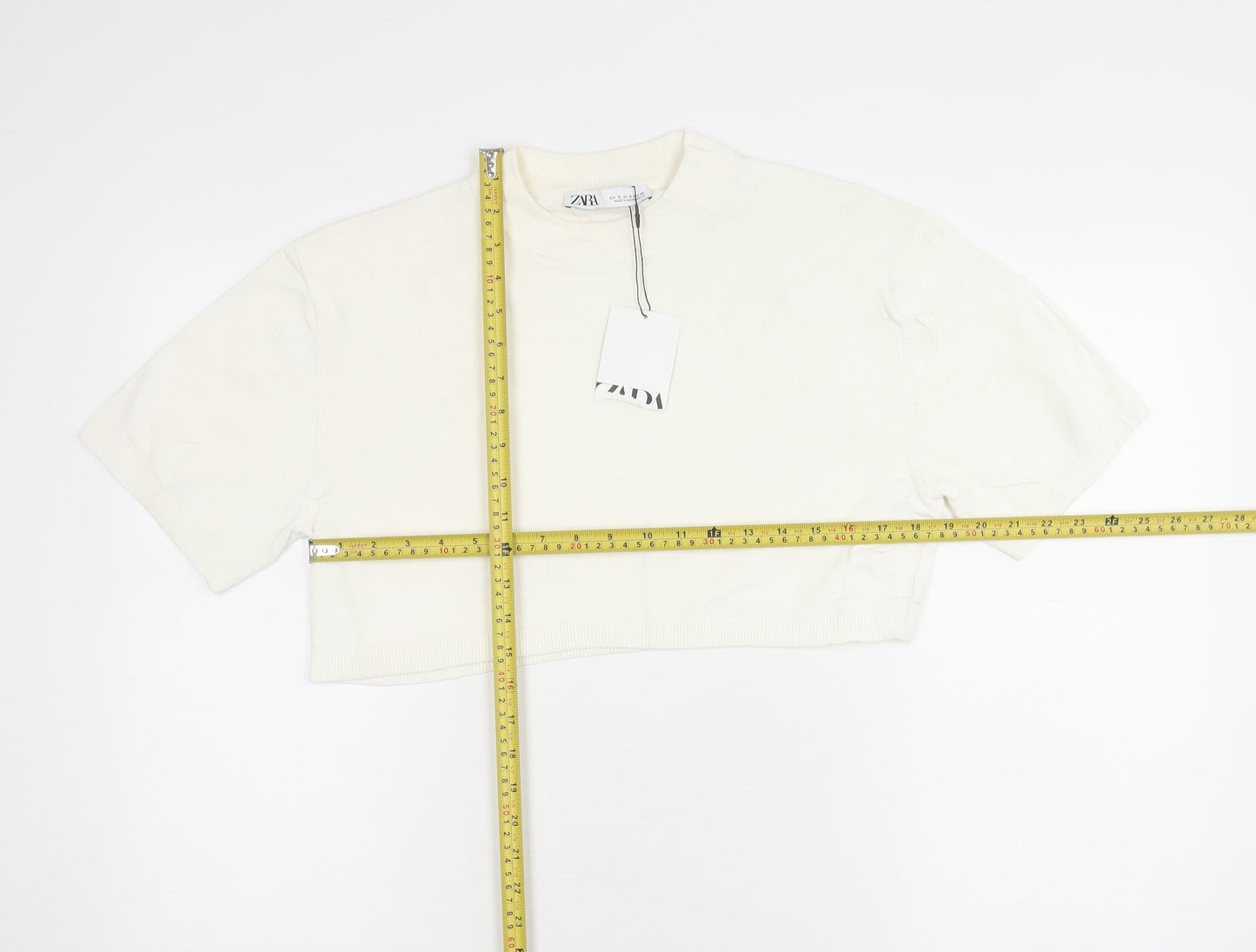 Zara Women Ivory Cropped Cotton T-Shirt Size S Short Sleeve
