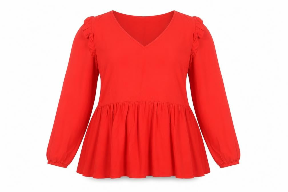 New Look Women Red Blouse Size 18 Curve Ruffle V-Neck Long Sleeve