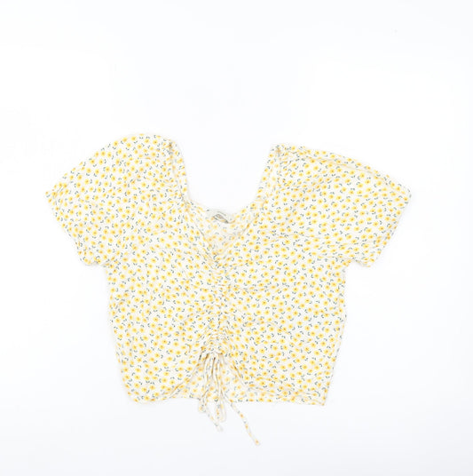 Pigalle Women’s Yellow Floral Cropped Blouse Top Size S Viscose Summer