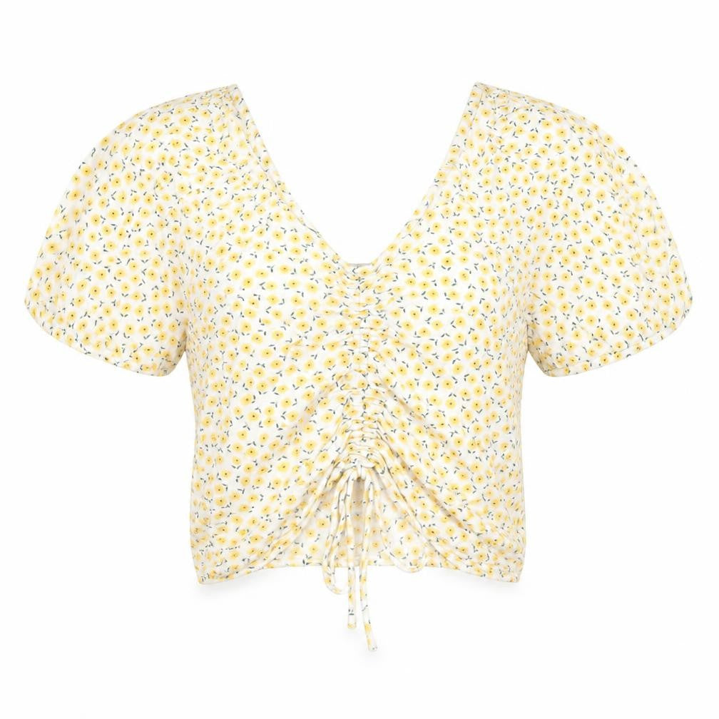 Pigalle Women’s Yellow Floral Cropped Blouse Top Size S Viscose Summer
