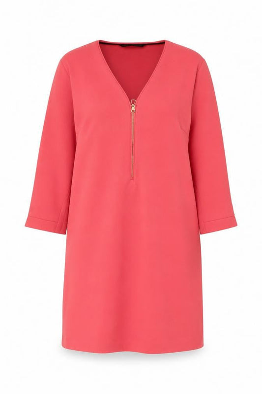 Zara Women Pink Shift Dress XL V-Neck 3/4 Sleeve Zip Detail
