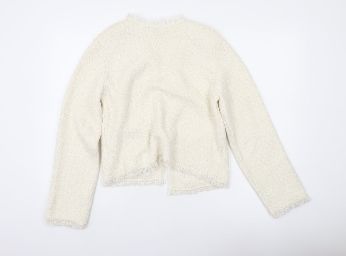 H&M Divided Women’s Ivory Cardigan Size 8 Open Knit Fringe Pockets