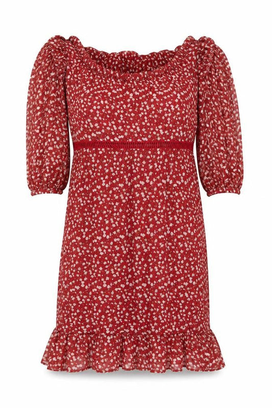 Naanaa Women's Red Floral Puff Sleeve Bodycon Dress UK 8