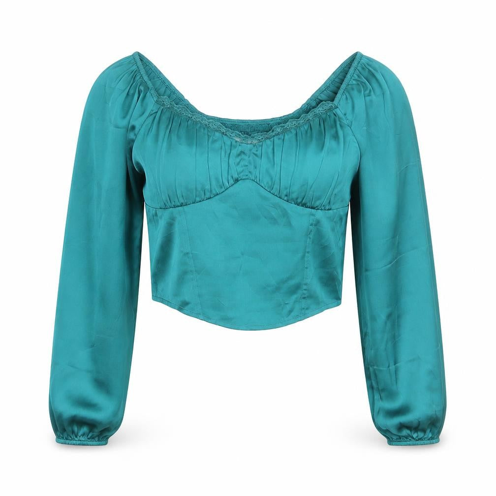 Hollister Womens Green Satin Cropped Blouse L Long Puff Sleeve