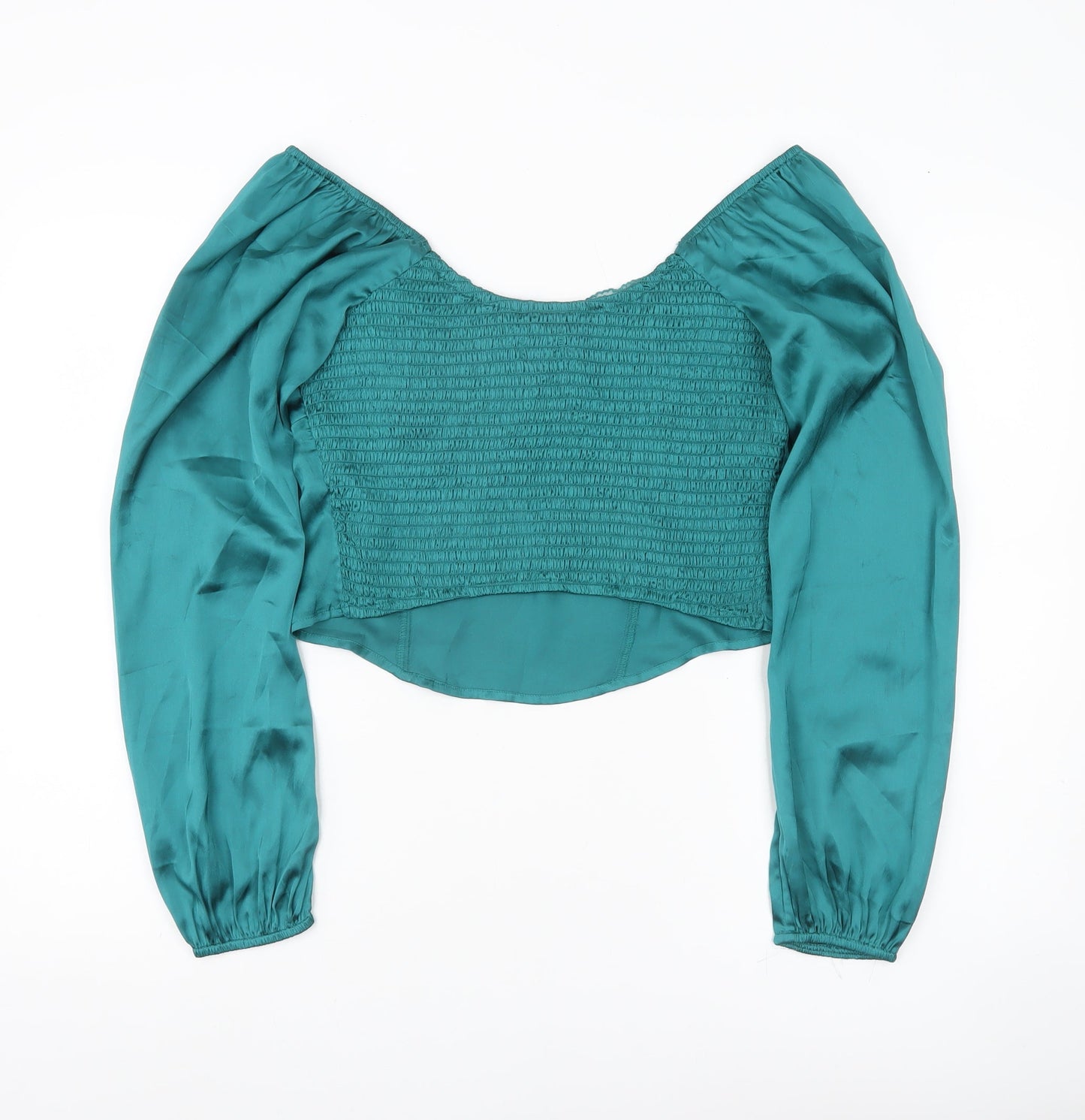 Hollister Womens Green Satin Cropped Blouse L Long Puff Sleeve