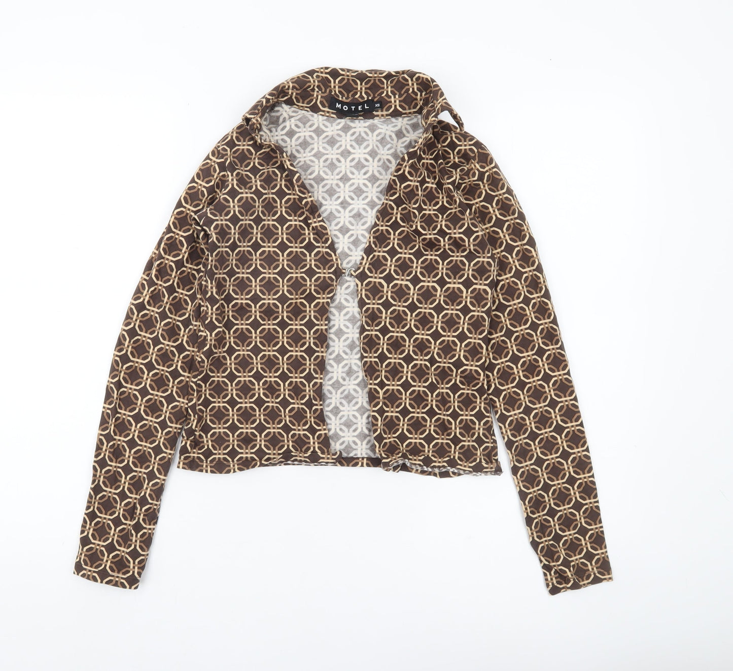 Motel Womens Brown Geometric Cropped Button-Up Shirt XS
