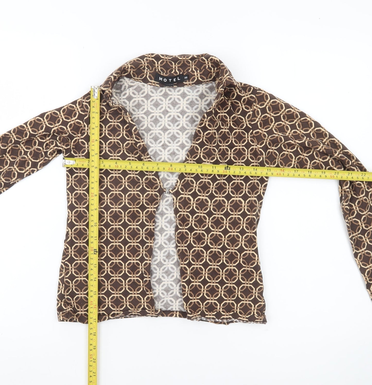 Motel Womens Brown Geometric Cropped Button-Up Shirt XS