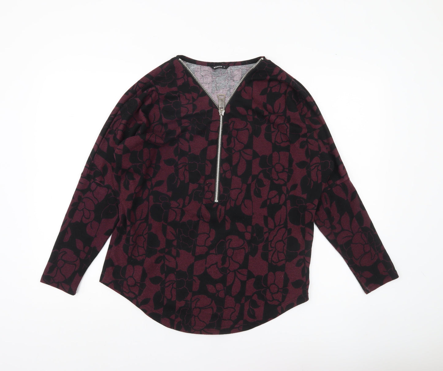 Roman Womens Purple Floral Full Zip Jumper Size 10 V-Neck Long Sleeve