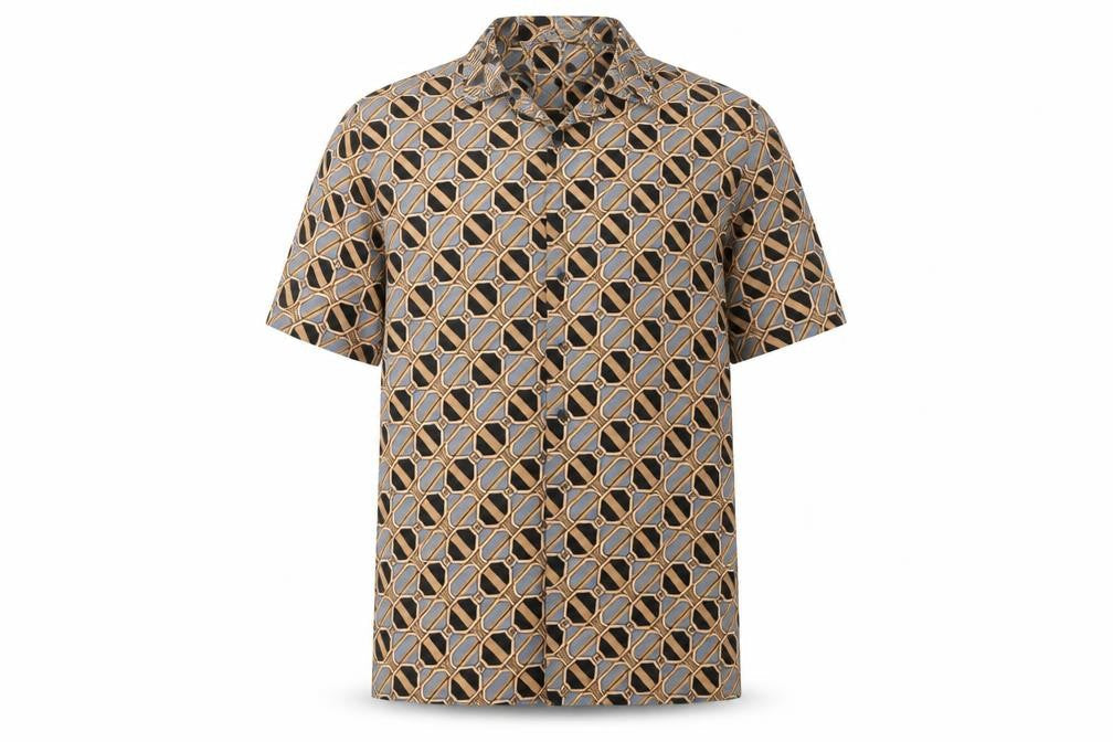 River Island Men's Brown Geometric Short Sleeve Button-Up Shirt S