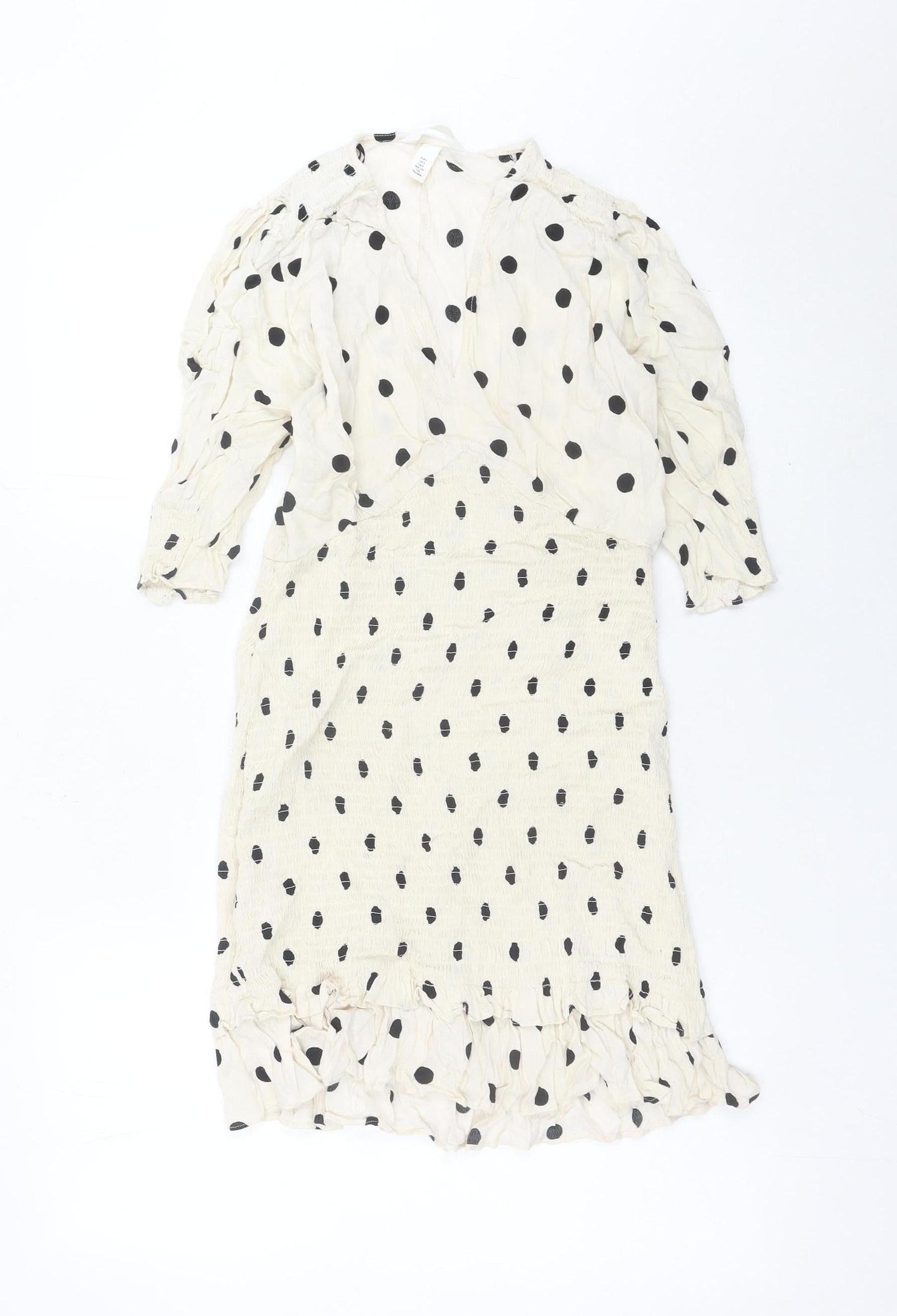 H&M Women Ivory Polka Dot Wrap Dress Size S Puff Sleeve Knee Length