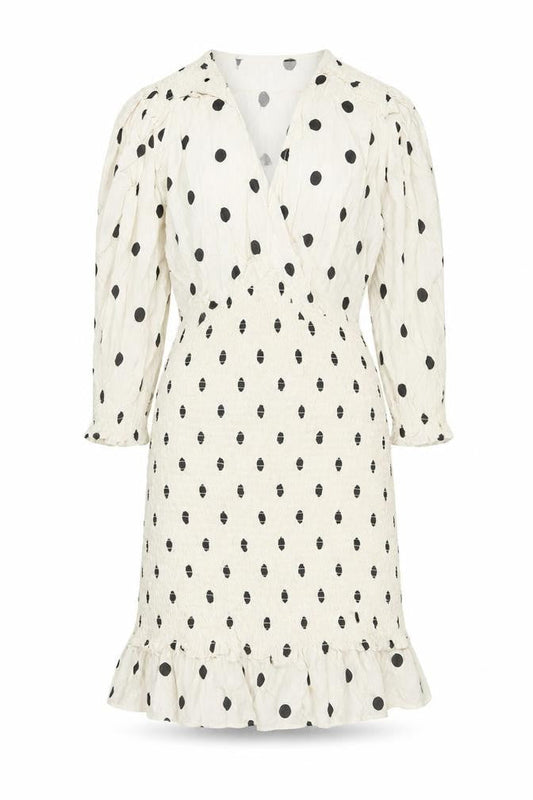 H&M Women Ivory Polka Dot Wrap Dress Size S Puff Sleeve Knee Length