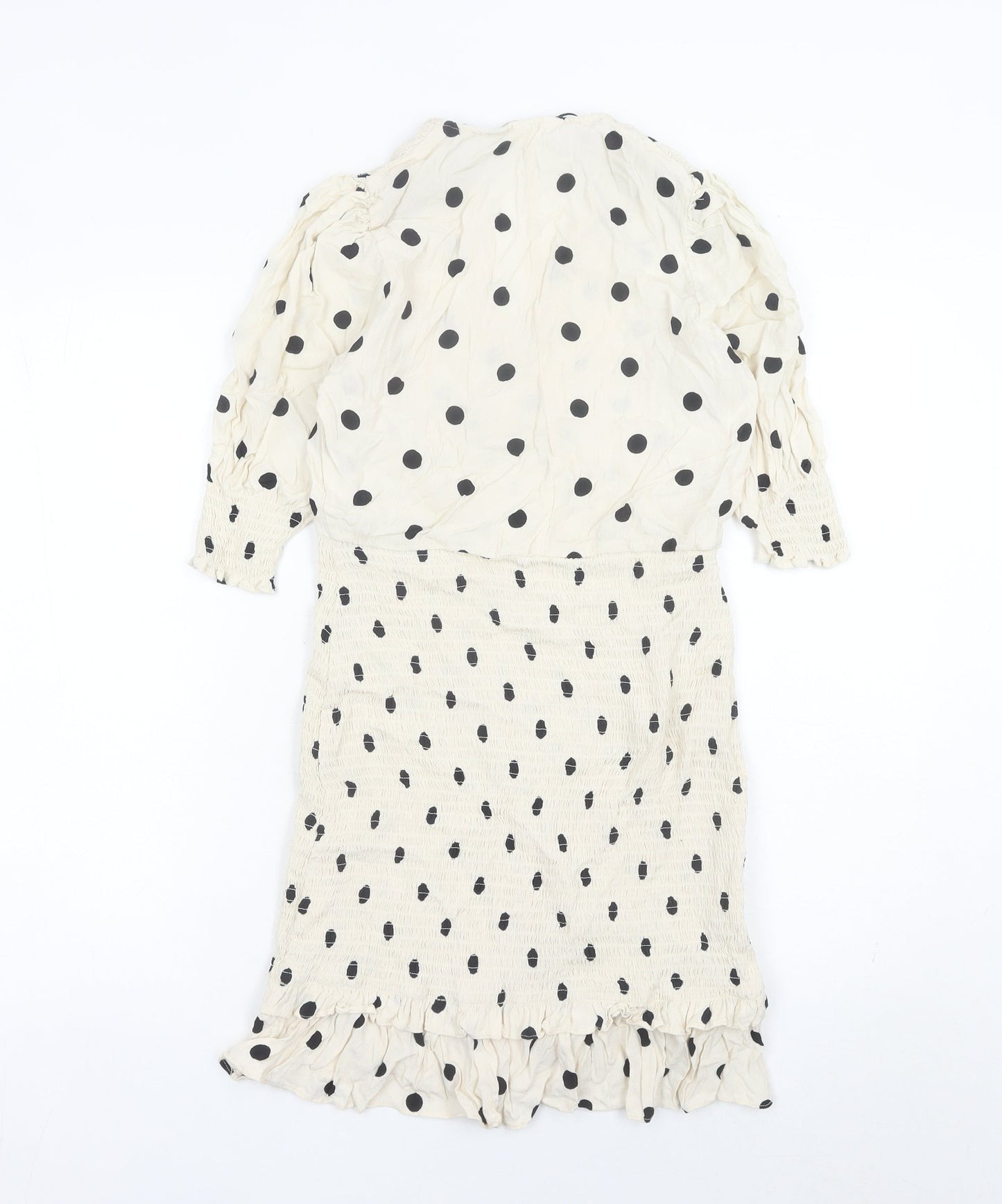 H&M Women Ivory Polka Dot Wrap Dress Size S Puff Sleeve Knee Length