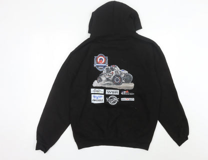 Close-up detail of JustHoods Men’s Black Pullover Hoodie Medium Racing Graphic Print