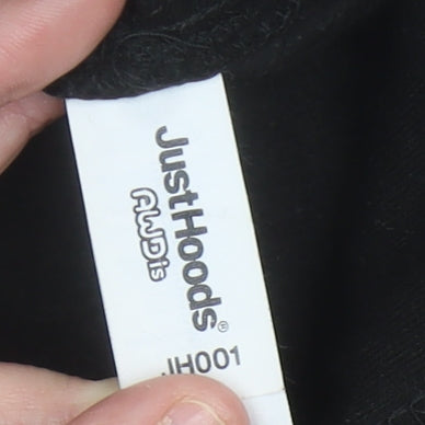 Brand and care label for JustHoods Men’s Black Pullover Hoodie Medium Racing Graphic Print