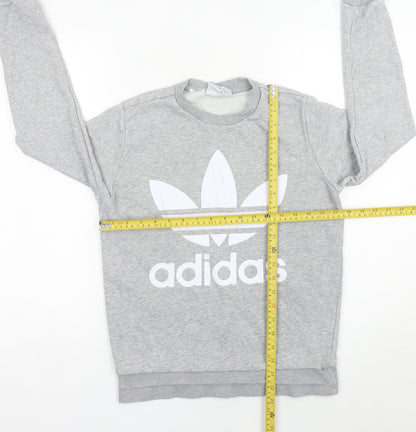 Back view of Adidas boys’ grey logo pullover sweatshirt 13-14y long sleeve crew neck