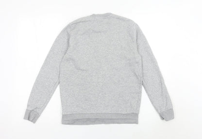 Close-up detail of Adidas boys’ grey logo pullover sweatshirt 13-14y long sleeve crew neck
