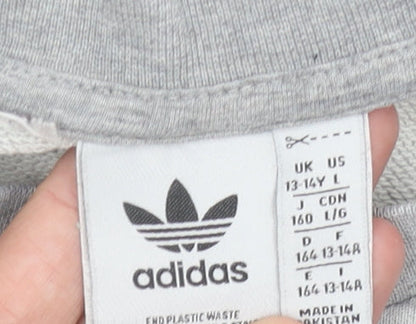 Brand and care label for Adidas boys’ grey logo pullover sweatshirt 13-14y long sleeve crew neck