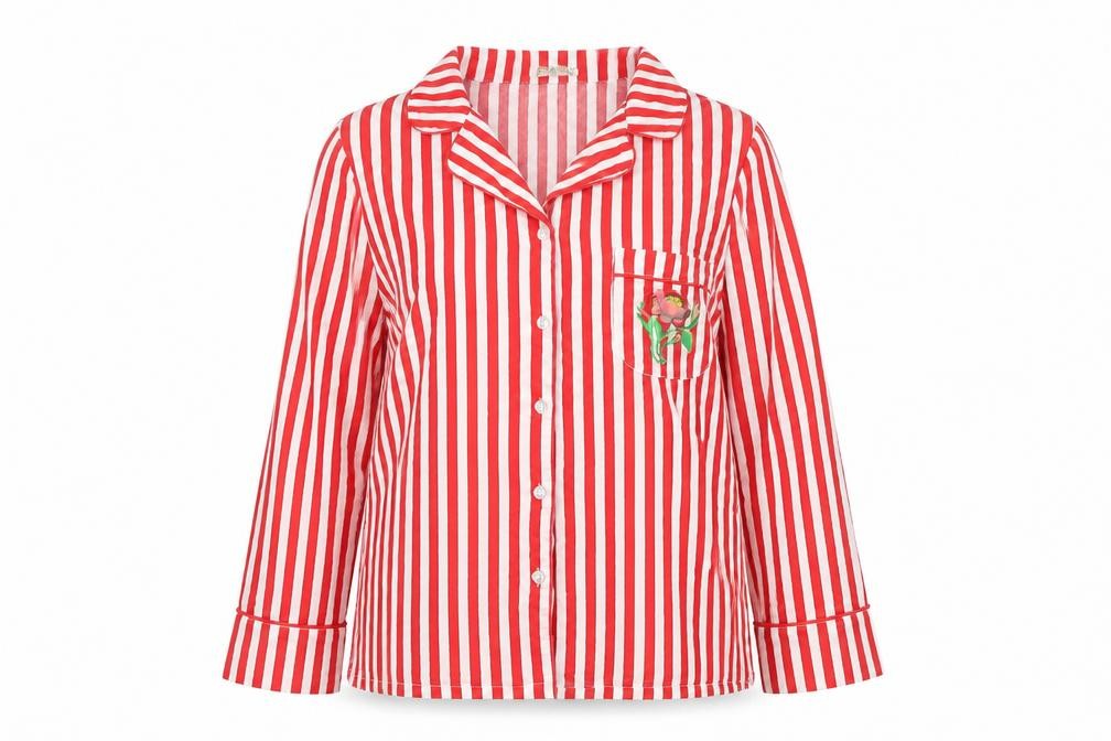 Cath Kidston Womens Red Striped Embroidered Cotton Pyjama Shirt Top Size 12