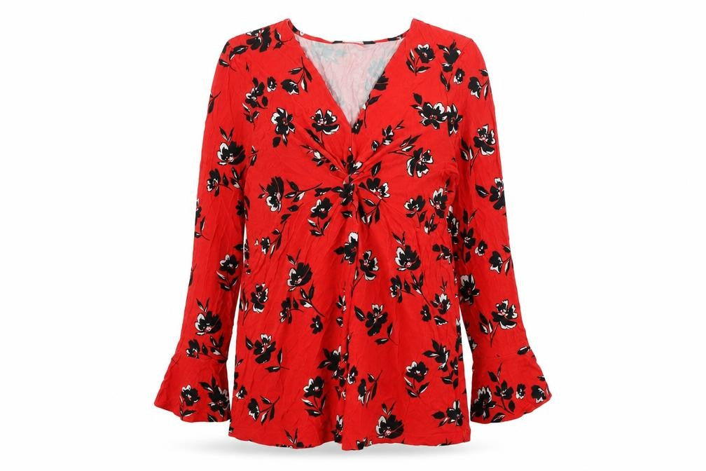 Sonsandar Women’s Red Floral V-Neck Long Sleeve Tunic Blouse Size 18