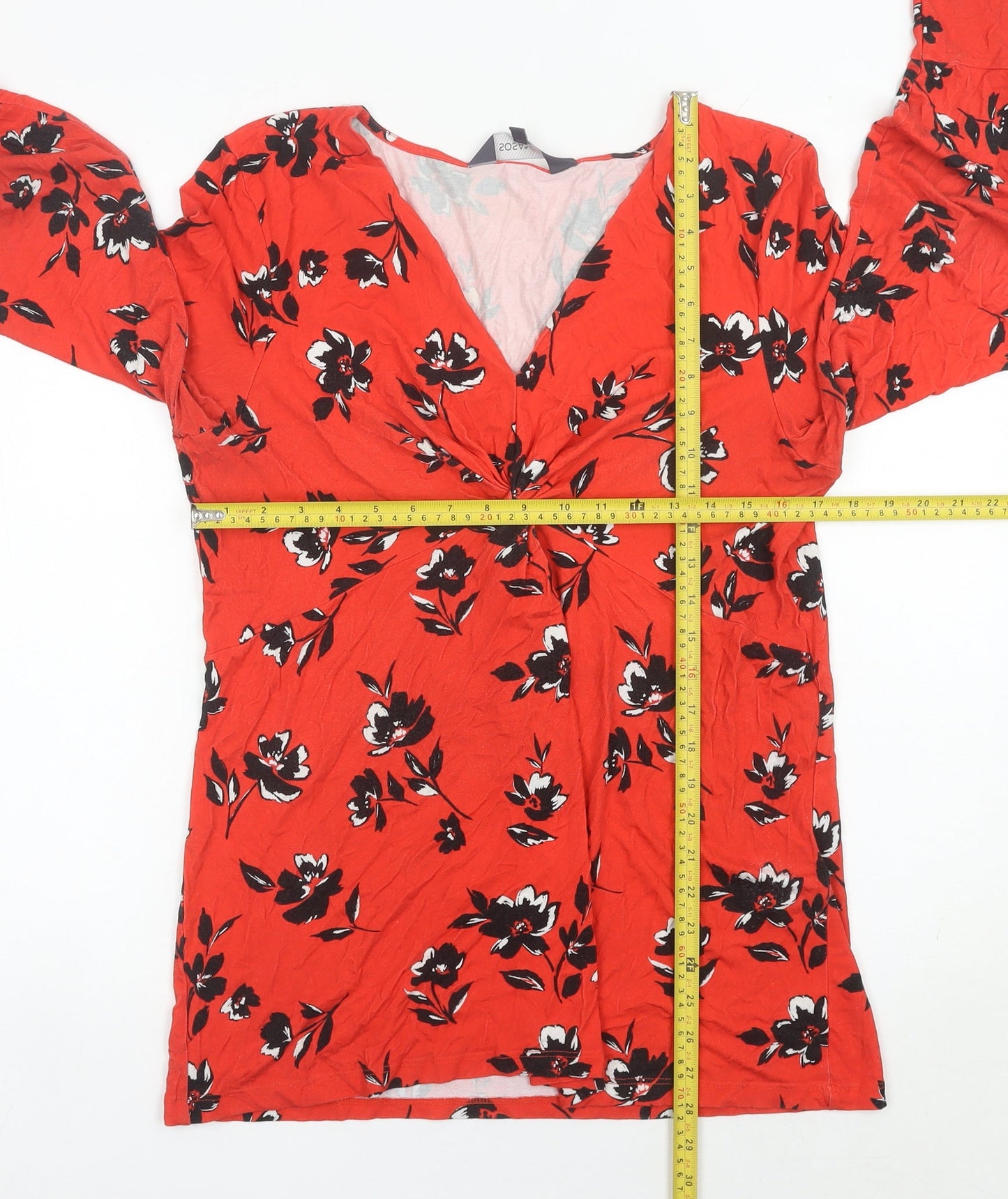Sosandar Women’s Red Floral V-Neck Long Sleeve Tunic Blouse Size 18