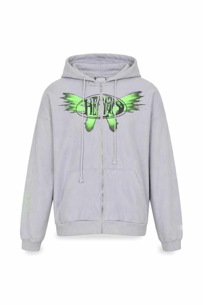 Weekday Men’s Grey Full Zip Hoodie S Graphic Print Cotton Blend