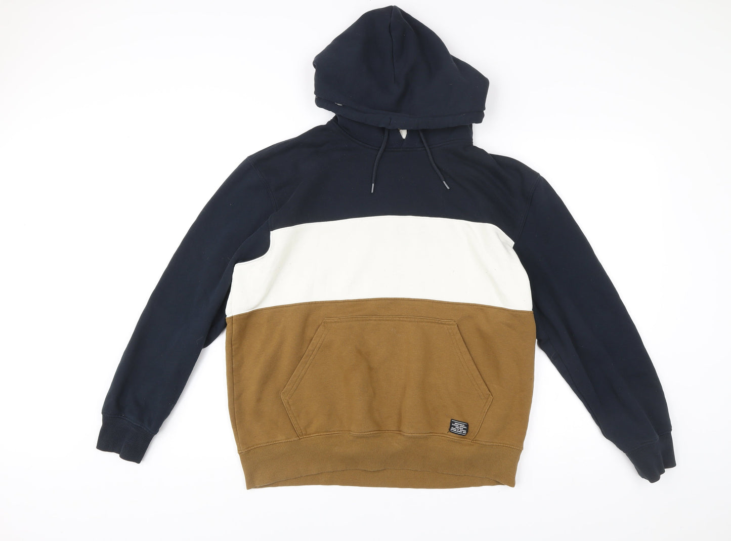 H&M Men’s Pullover Hoodie L Blue Brown White Colourblock Hooded Sweatshirt