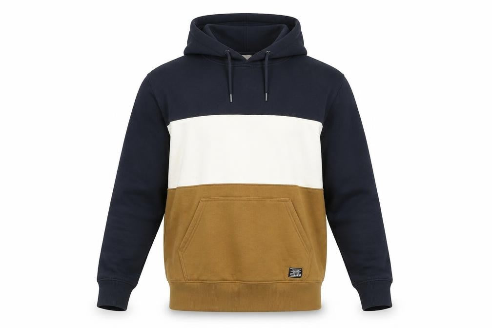 H&M Men’s Pullover Hoodie L Blue Brown White Colourblock Hooded Sweatshirt