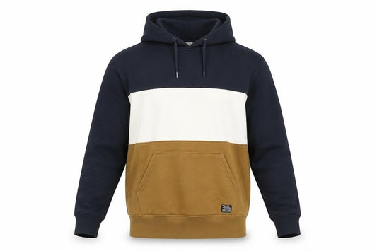 H&M Men’s Pullover Hoodie L Blue Brown White Colourblock Hooded Sweatshirt