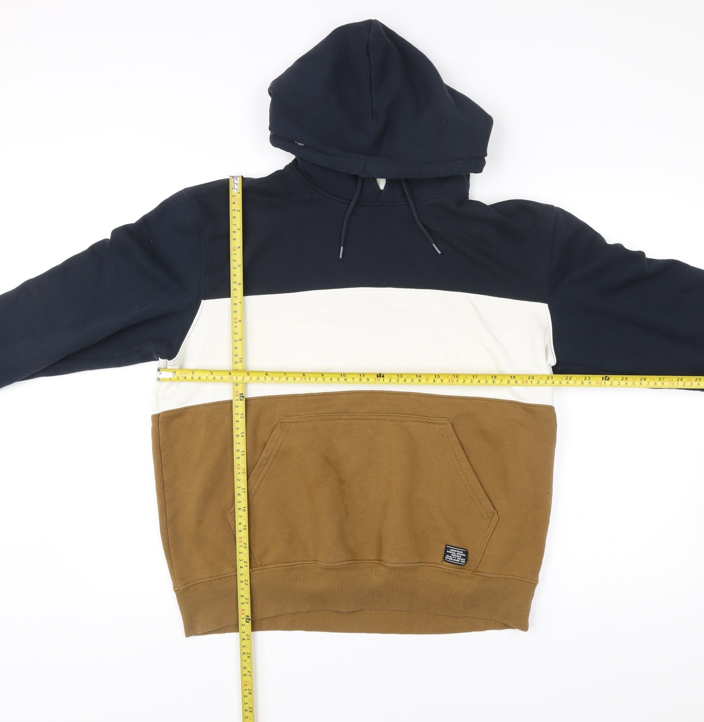 H&M Men’s Pullover Hoodie L Blue Brown White Colourblock Hooded Sweatshirt