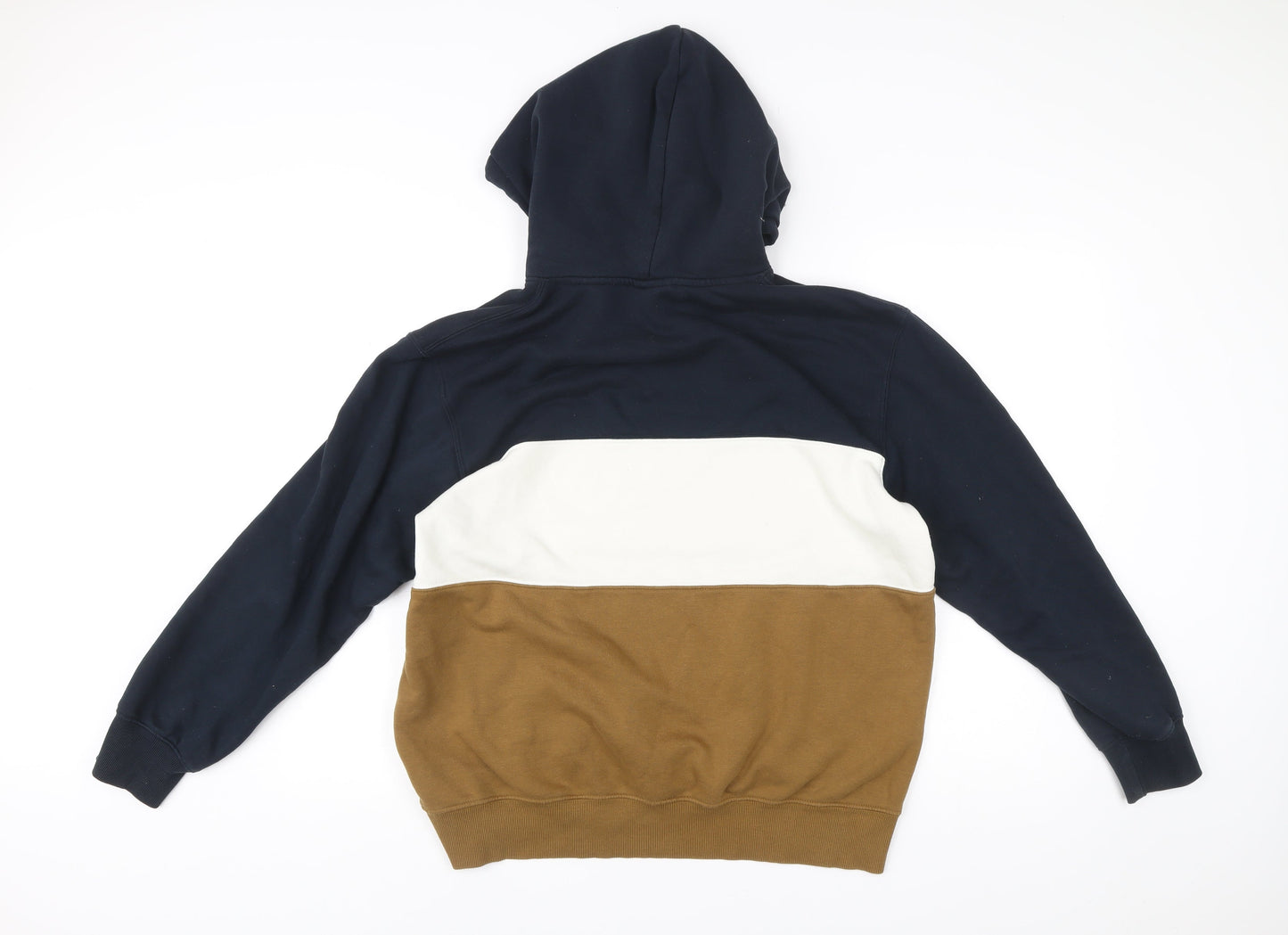 H&M Men’s Pullover Hoodie L Blue Brown White Colourblock Hooded Sweatshirt