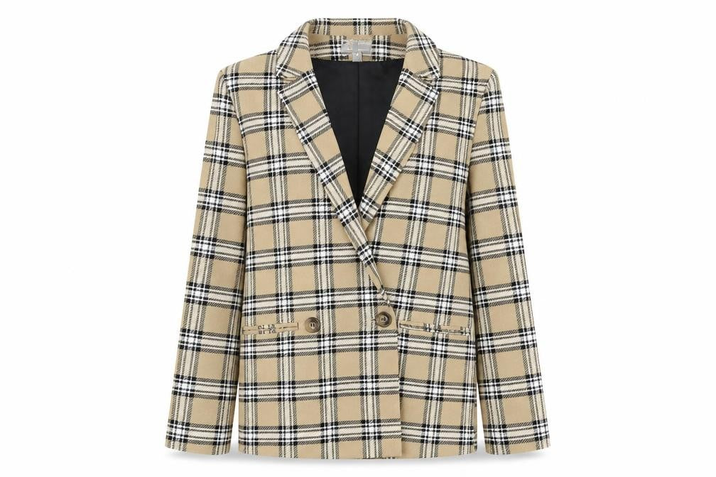 Front view of ASOS Women’s Beige Check Blazer Jacket, size UK 8, Regular Fit